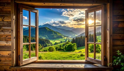 Open window framing a scenic view of rolling hills and mountains at sunset