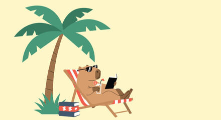 A relaxed capybara in sunglasses reads a book and sips a drink while lounging in a beach chair under a tropical palm tree.