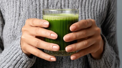A close-up of hands holding a glass of green smoothie, showcasing a healthy lifestyle choice. The drink is vibrant and refreshing, perfect for promoting wellness and nutrition.