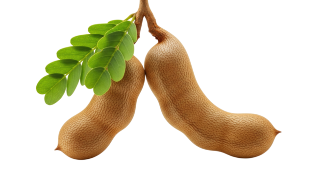 Two tamarind pods with leaves transparent background cutout png