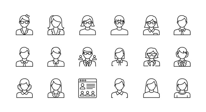 Diverse collection of professional avatar line icons, representing men and women in business attire, suitable for graphic design, web development, app interfaces, advertising, and digital profiles