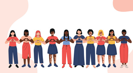A diverse group of women stand in a line, each making a heart gesture with their hands over their chest, symbolizing love, unity, and support.