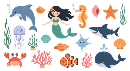 Fototapeta premium A delightful collection of cute cartoon ocean animals and underwater elements, featuring a mermaid, dolphin, shark, whale, and various marine life.