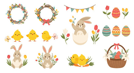 Fototapeta premium A delightful collection of Easter-themed illustrations, including cute bunnies, chicks, decorated eggs, spring flowers, and festive wreaths.