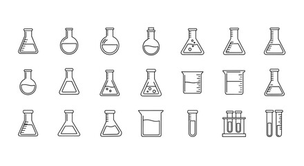 Collection of laboratory flasks and beakers in outline style, representing scientific experiments, chemical research, and educational purposes. This bundle includes various flask shapes like