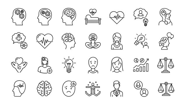 A comprehensive collection of thin line icons in black, representing various aspects of psychology and mental well-being, including brain functions, emotional states, therapy, and personal growth