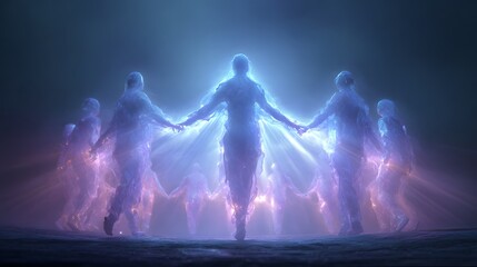 Figures composed of ethereal light energy form a glowing circle while holding hands