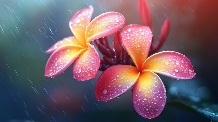 Fototapeta premium Tropical frangipani plumeria flowers in bloom with soft natural light and vibrant petals for spa and relaxation decor