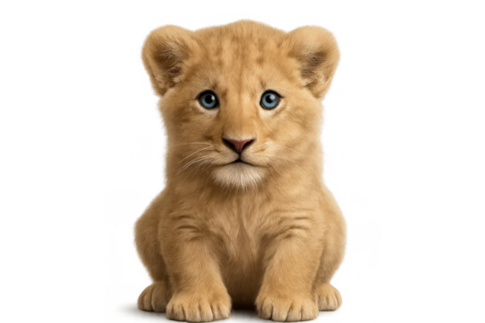 Lion cub sitting and looking at the camera, showing a cute face with blue eyes. Transparent background