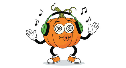 An energetic cartoon pumpkin character with headphones and swirling eyes joyfully dances to music, surrounded by floating musical notes.