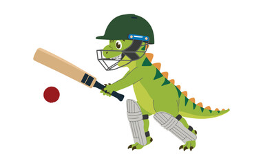 Cute Dinosaur Playing Cricket Illustration, Funny Dinosaur Cricketer Cartoon Art.