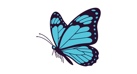 An elegant light blue butterfly with dark violet markings on its wings, depicted in a simple, flat design against a pure white background.