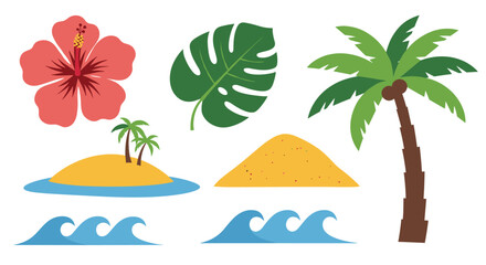 A vibrant collection of summer and tropical vacation elements, including a hibiscus flower, monstera leaf, palm trees, island, sand, and waves.