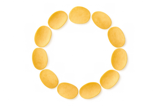 Potato chips creating a circular frame on a transparent background for snack, unhealthy food, and junk food concepts