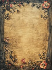 Rustic wooden background with floral embellishments evokes vintage charm and nostalgia