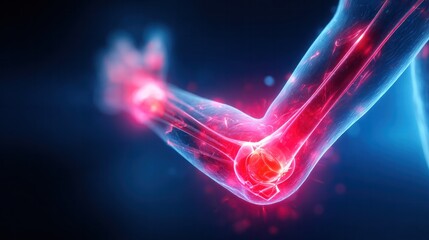 Inflammation of Elbow: An illustration revealing inflamed joints, highlighting the intricate bone structure within the elbow. Depicting the human anatomy with an emphasis on medical conditions.