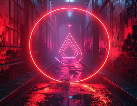 Neon corridor with circular and triangular lighting effects, red hues