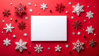 Minimal Christmas Background with Red and White Theme. Snowflakes Around Blank Card Template. Winter Holiday Copy Space.