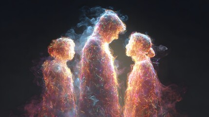 Luminous human figures composed of energetic particles interact within a dark void.