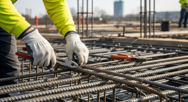 Construction Worker Tying Rebar Steel with Pliers, Precision Reinforcement Work at Building Foundation under Natural Daylight