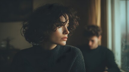 Young woman looking out a rainy window while a man stands behind her symbolizing emotional distance