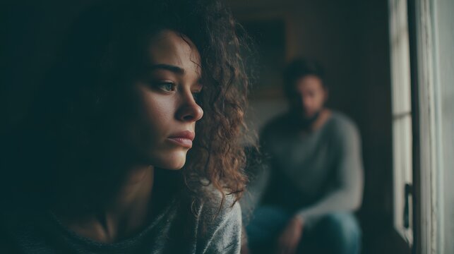 Young woman looking out a rainy window while a man stands behind her symbolizing emotional distance