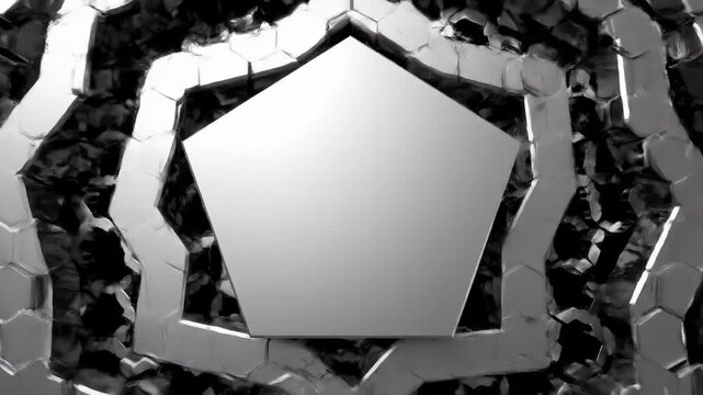 A geometric composition featuring a central, light pentagon surrounded by dark hexagonal pattern and reflective, glossy surfaces, creating depth