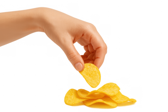 Hand picking up a crispy potato chip from a pile, enjoying a savory junk food snack, transparent background