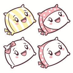 Four cute cartoon pillows with happy faces icon