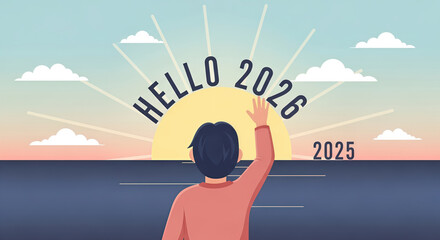 Young business woman silhouette saying hello to 2026 with luggage as a vector illustration symbolizing success and job finance concept