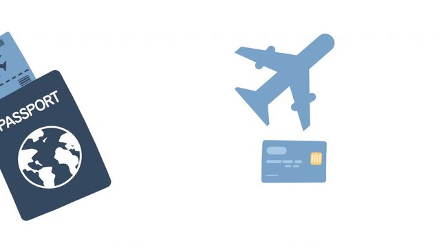 Animated flat design illustration showing elements of trip planning and vacation preparation, airplane, passport, tickets