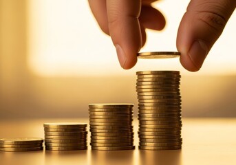 Hand stacking gold coins in growing columns symbolizing financial growth, investment, profit, and successful money management