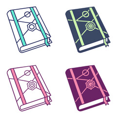 Four futuristic neon book icons with geometric patterns