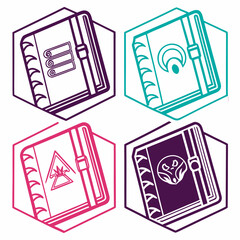Four futuristic neon glowing geometric icons of books