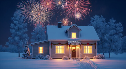 Cozy party house and illuminated tree in a snowy winter landscape at night