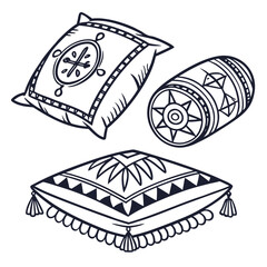 Four vintage style decorative pillows with ethnic patterns