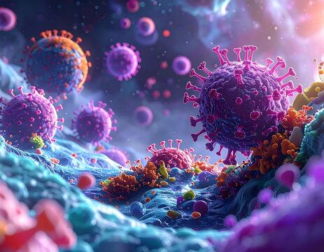 Microscopic view of colorful, abstract, spherical viral particles