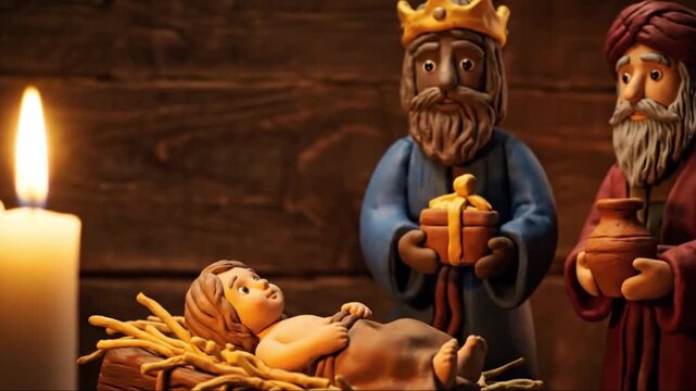 Three Kings offering gifts to baby Jesus in a warm, candle-lit Nativity scene