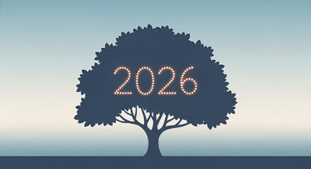 Vintage vector illustration of a hand-drawn tree with a heart symbol, a happy design concept for a love card or celebration day. with 2026 text