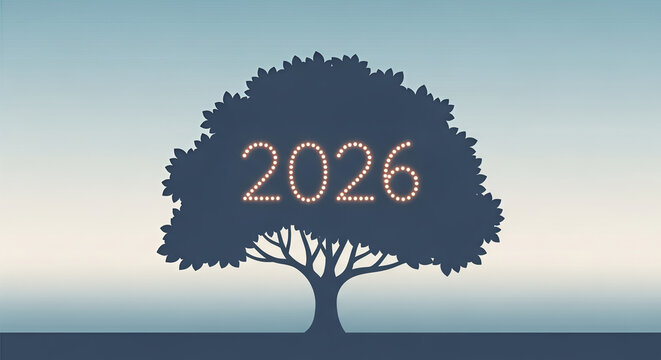 Vintage vector illustration of a hand-drawn tree with a heart symbol, a happy design concept for a love card or celebration day. with 2026 text