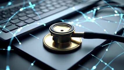A golden medical instrument rests atop a dark electronic device, connected by lines of light to a keyboard in blurred background - Powered by Adobe