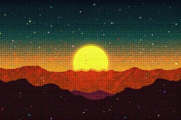 Pixelated raster edges with a gradient overlay, framing a serene natural landscape, suggesting digital intrusion. Serene natural landscape (e.g., mountains and forest) enclosed by sharp, pixelated