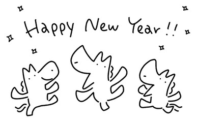 新年をお祝いする3頭のジャンプする馬　Happy new year 手書き文字