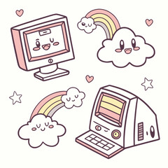 Cute cartoon computers with smiling clouds and rainbows