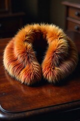 A richly colored, faux fur collar from a vintage coat resting on a polished mahogany table, hinting at opulent past eras. A richly colored, soft faux fur collar from a vintage coat resting on a