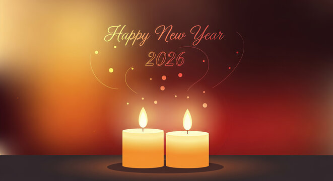 A warm happy new year 2026 greeting card featuring the soft light and glowing flame of candles for the holiday celebration
