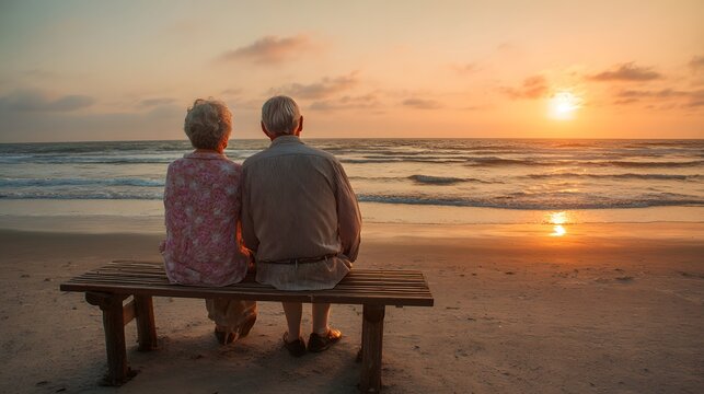 Senior couple sitting on a bench watching the sunset by the ocean together
