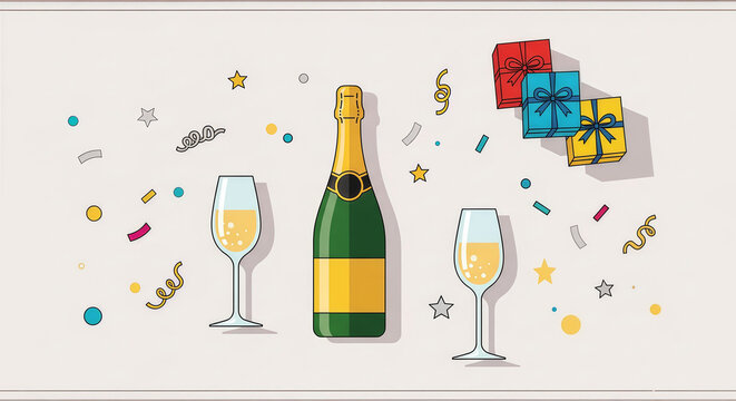 New Year celebration with a champagne bottle and glass illustration vector design for a party icon beverage menu