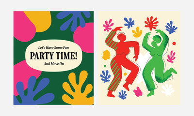 Abstract vector illustrations of people dancing and colorful organic shapes, perfect for party invitations and celebratory designs