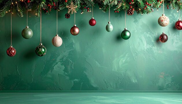 Chic Christmas Interior: Mint Green Wall and Floor with Garland and Hanging Baubles. Minimal Holiday Copy Space.